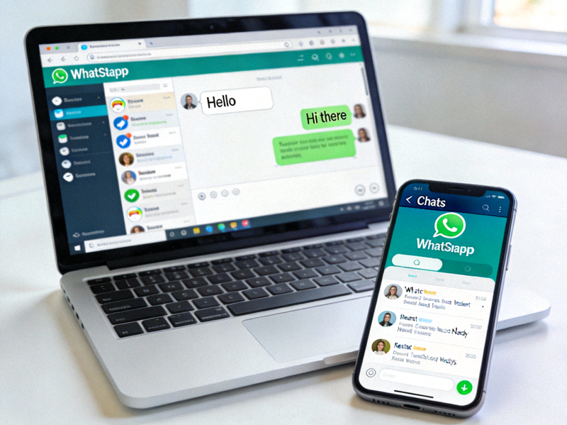 笔记本电脑屏幕上显示WhatsApp网页版聊天界面，旁边放着手机